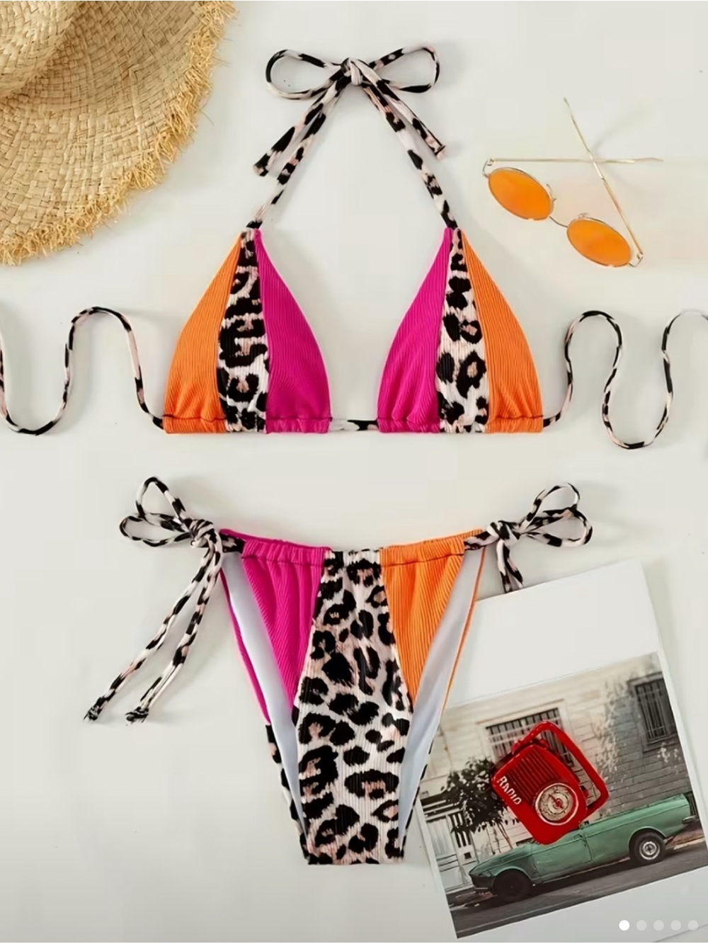 Leopard Colorblock Tie-Side Bikini — Pink & Orange